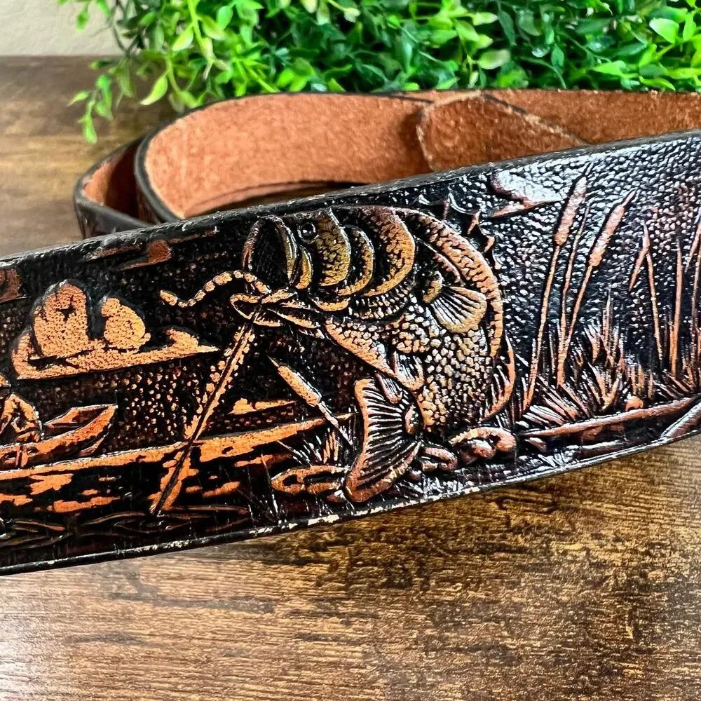 Vintage Bass Fishing Genuine Leather Belt 46